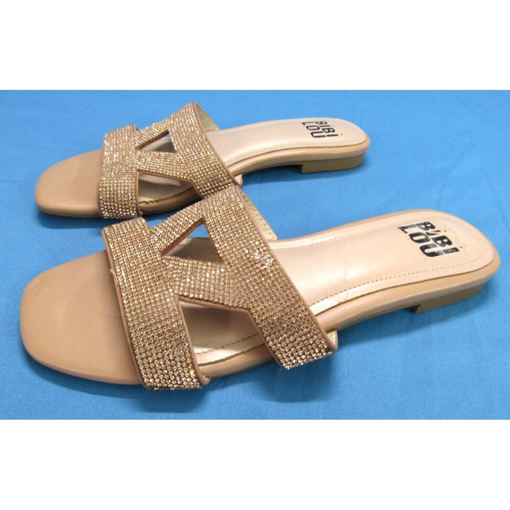 BIBI LOU Anthropologie SPARKLE SLIDES Nude LEATHER Rhinestones SANDALS 38 (US 7)